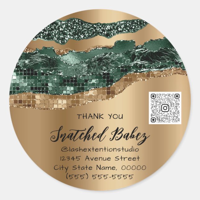 Thank You Cosmetic Logo QR Code Glitter Gold Green Classic Round Sticker (Front)