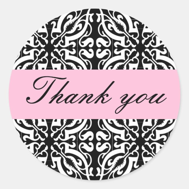 Thank you - Customizable (Black & White Damask) Classic Round Sticker (Front)