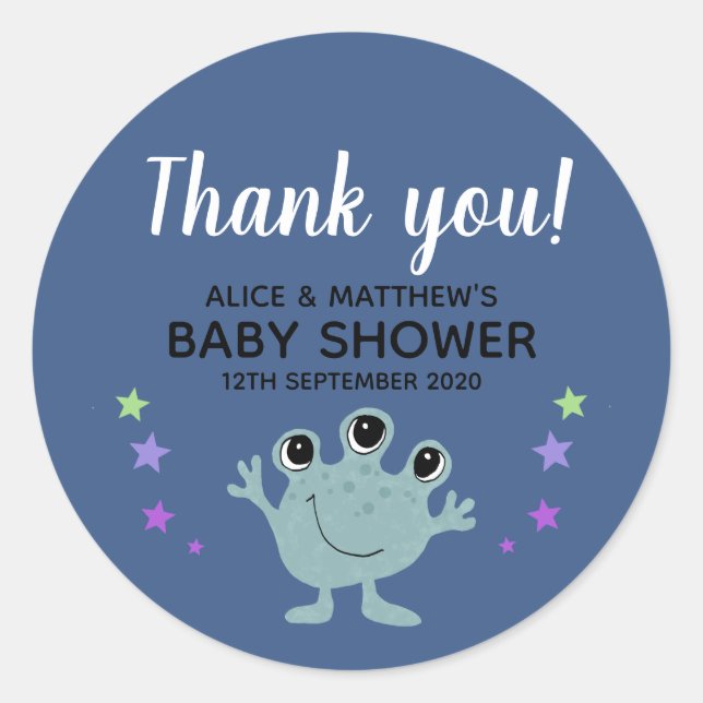 Thank You Cute Boys Space Alien Baby Shower Classic Round Sticker (Front)