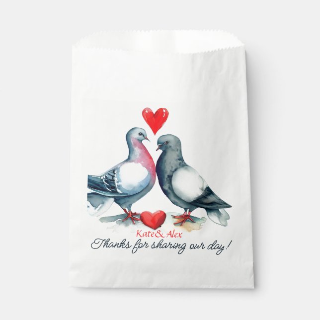 Thank You, Cute Couple Pigeons Wedding Favour Bag (Front)