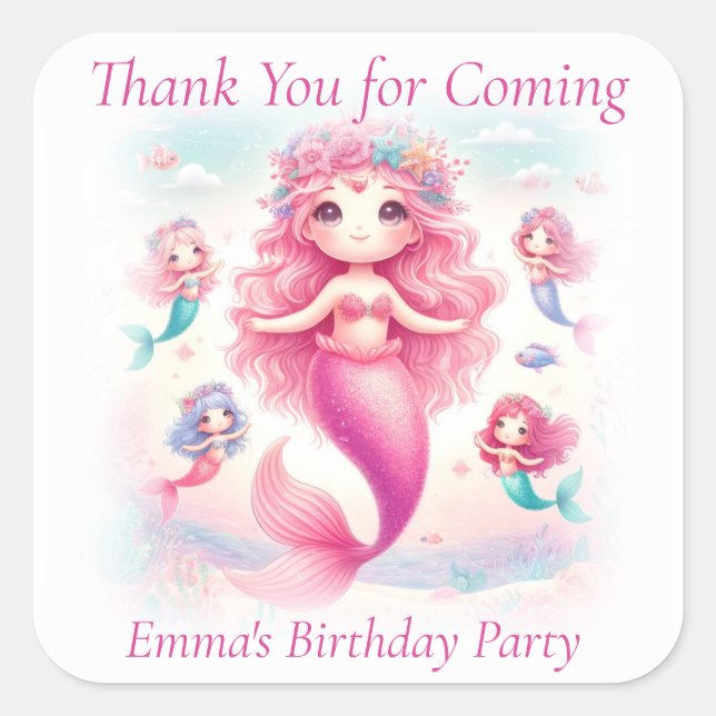 Thank You Cute Pretty Pink Mermaids Square Sticker (Front)