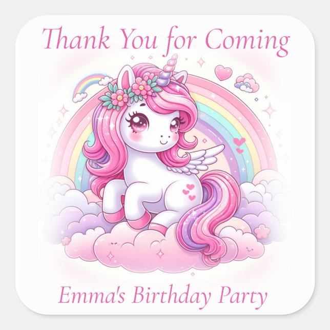 Thank You Cute Pretty Pink Unicorn Square Sticker (Front)