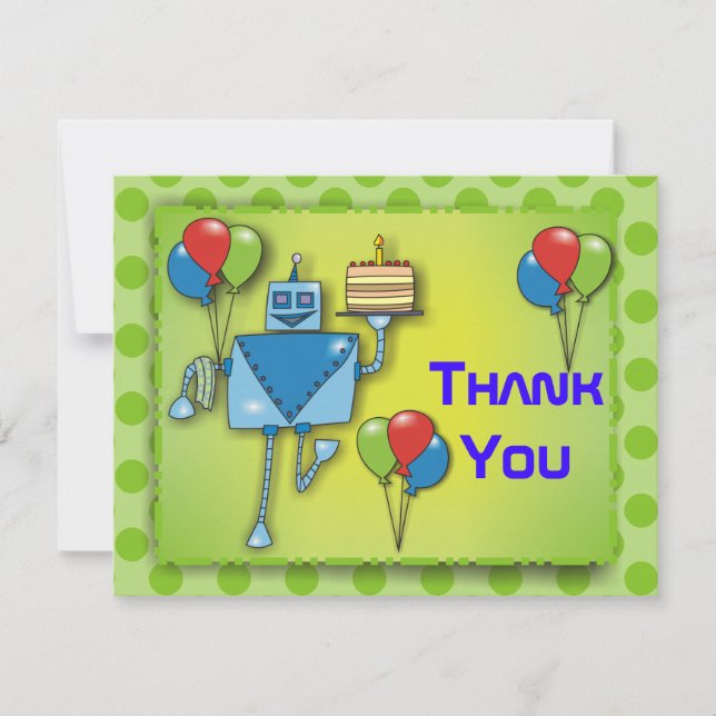 Thank You Cute Robot with Balloons Green Cards (Front)