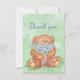 Thank You Cute Teddy Bear Holding Flower Bouquet Card