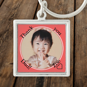 Thank you Dad in round and red, photo and name Keychain