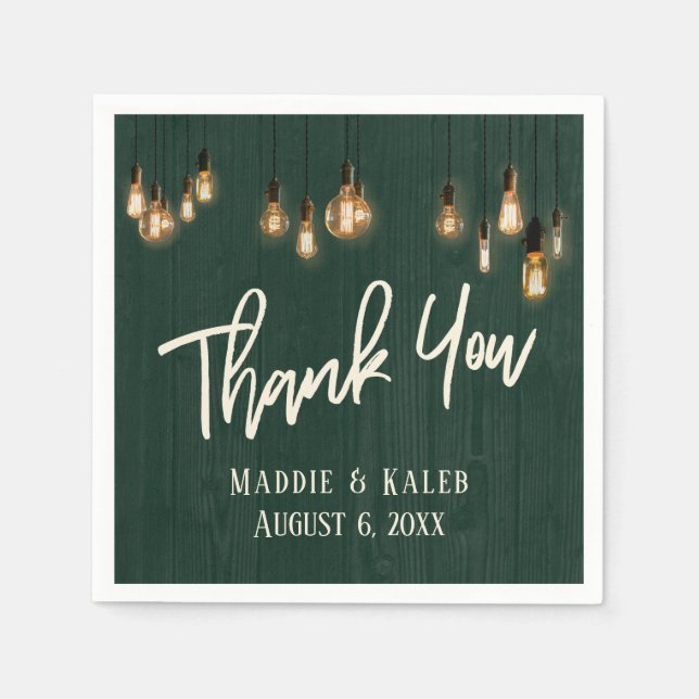 Thank You Dark Green Rustic Wood w/ Edison Lights Napkin (Front)