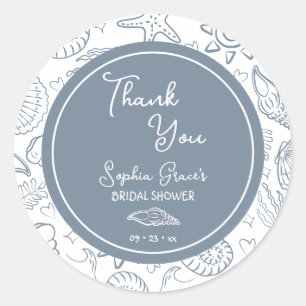 Thank You Dusty Blue Seashells Doodles Classic Round Sticker