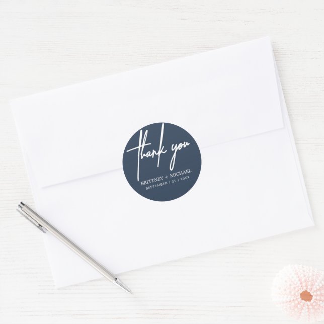 Thank You Dusty Navy Blue Minimalist Wedding Classic Round Sticker (Envelope)