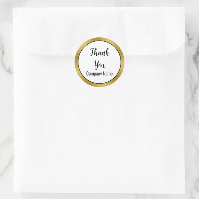 Thank You Elegant Black White Gold Business Name Classic Round Sticker (Bag)