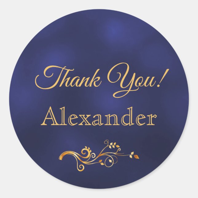Thank You elegant blue and gold decor Classic Round Sticker (Front)
