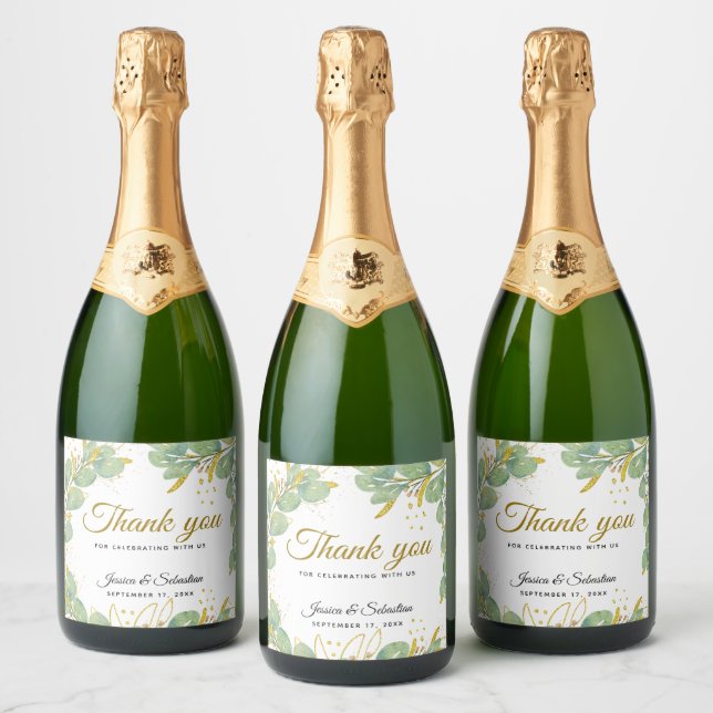 Thank You Elegant Eucalyptus Wedding Sparkling Wine Label (Bottles)
