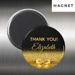 Thank You elegant gold bow sparkle black Magnet<br><div class="desc">Elegant,  classic,  glamourous and feminine.  A gold coloured bow with golden glitter and sparkle,  a bit of bling and luxury.  Black background. With the text: Thank You! and template for a name.</div>