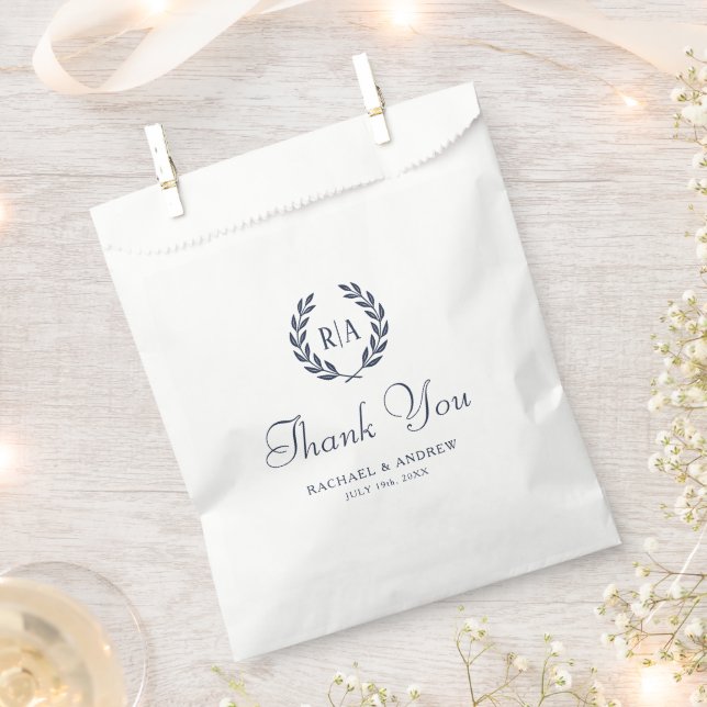 Thank You Elegant Monogram Wreath Wedding Navy Favour Bag (Clipped)