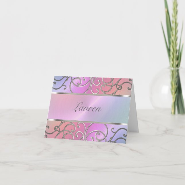 Thank You Elegant Pearl Pink Silver Filigree Note Card (Front)