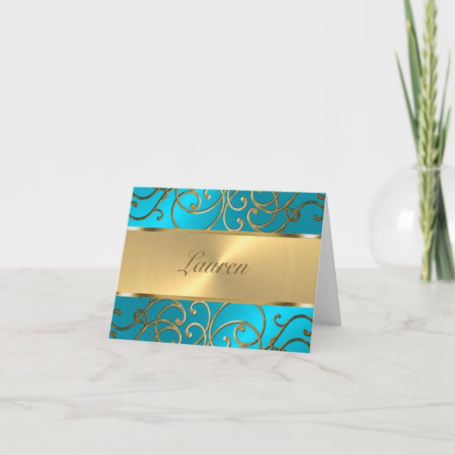Thank You Elegant Turquoise Blue Gold Filigree Note Card (Front)