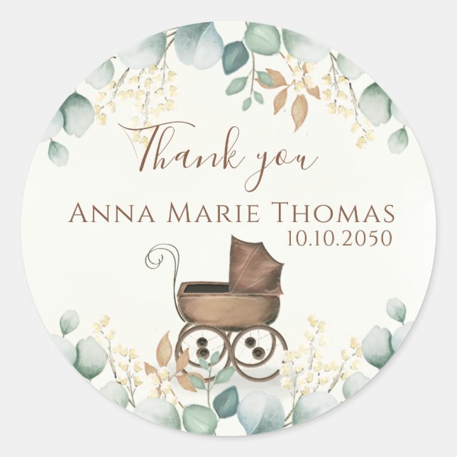 Thank You Elegant Watercolor Eucalyptus Leaves Classic Round Sticker (Front)