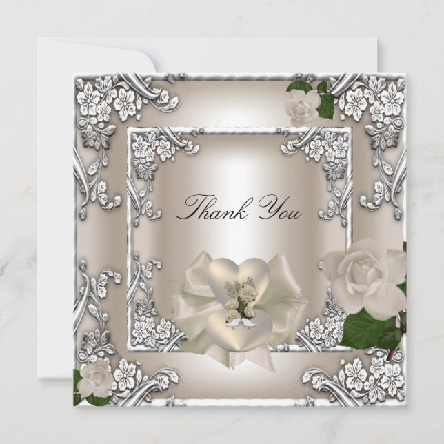 Thank You Elegant Wedding Cream Rose Silver White (Front)