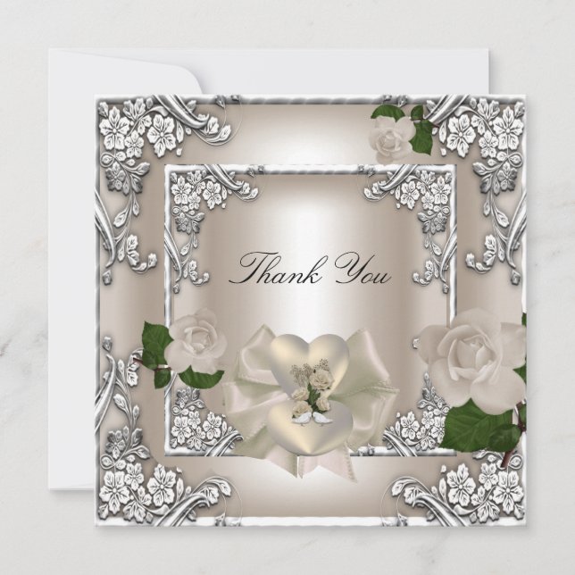 Thank You Elegant Wedding Cream Rose Silver White (Front)