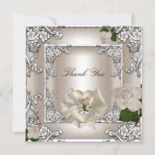Thank You Elegant Wedding Cream Rose Silver White Card