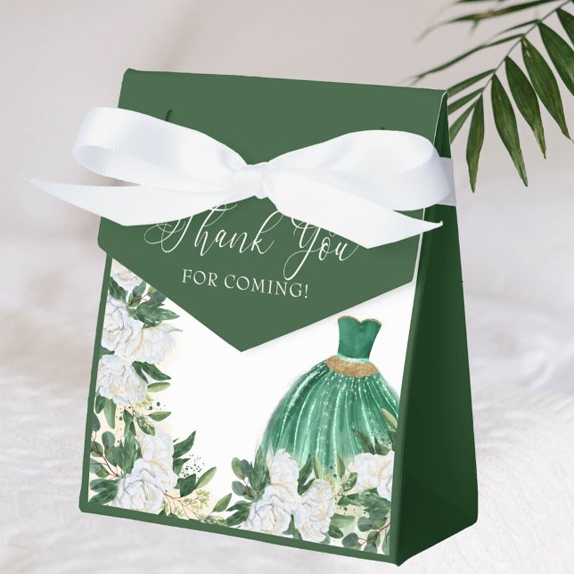 Thank You Emerald Green White Peony Princess Dress Favor Box (Favor boxes with elegant princess dress from my Emerald Greenery and White Peony Collection)