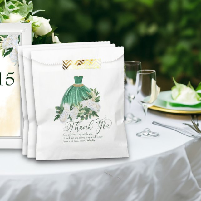 Thank You Emerald Green White Peony Princess Gown Favour Bag (Emerald green princess quinceanera favor bags from my Emerald Greenery & White Peony collection)