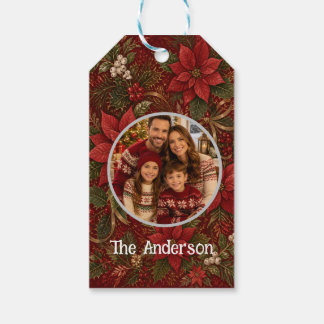 Thank You Family Photo Floral Crimson Christmas Gift Tags