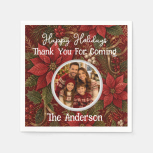 Thank You Family Photo Floral Crimson Christmas Napkin
