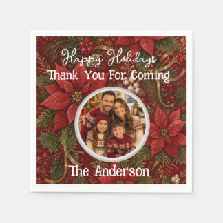 Thank You Family Photo Floral Crimson Christmas Napkin