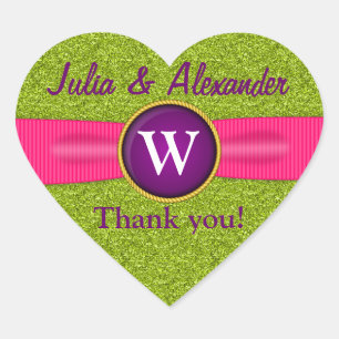 Thank You Faux Ribbon Jewel Green Glitter Heart Sticker