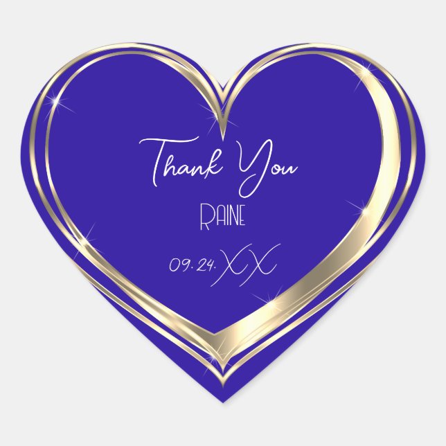 Thank You Favour Gold Heart Bridal Wedding Blue Heart Sticker (Front)