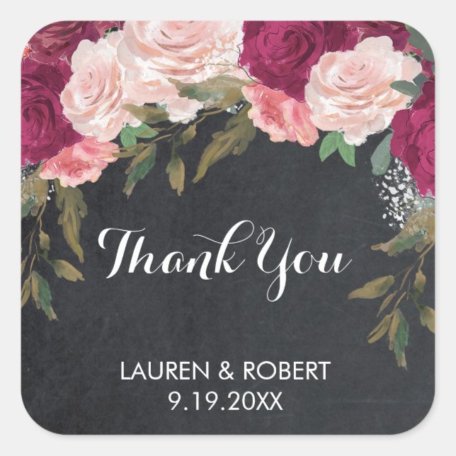 thank you favour stickers burgundy pink floral (Front)