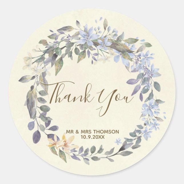 Thank You favours stickers boho blue floral (Front)