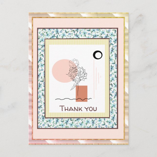 Thank You  Floral Blue Pink Gold Spark Abstract Postcard (Front)