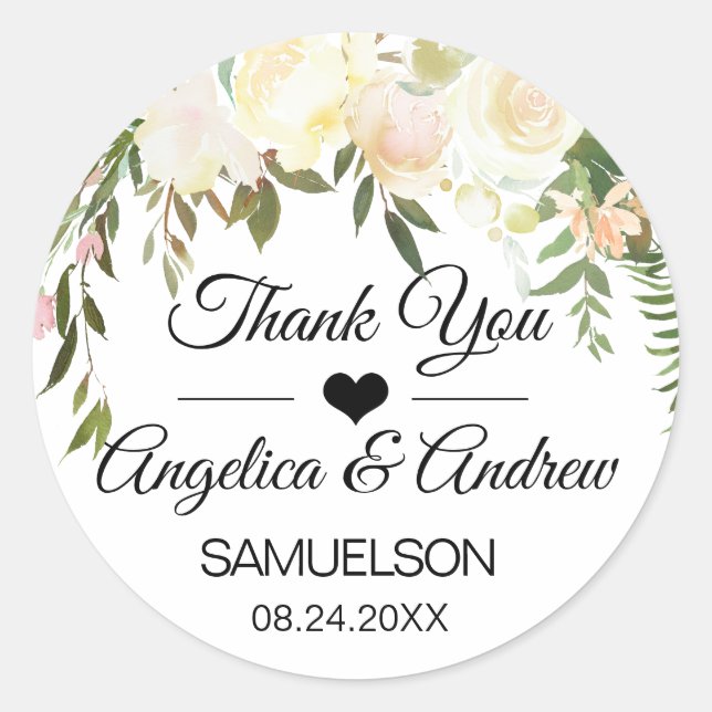 Thank you Floral Blush Pink Ivory Wedding Classic Round Sticker (Front)