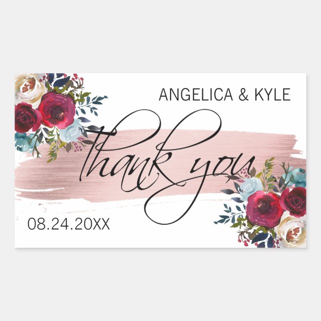 Thank you Floral Burgundy Rose Gold Wedding Bridal Sticker (Front)
