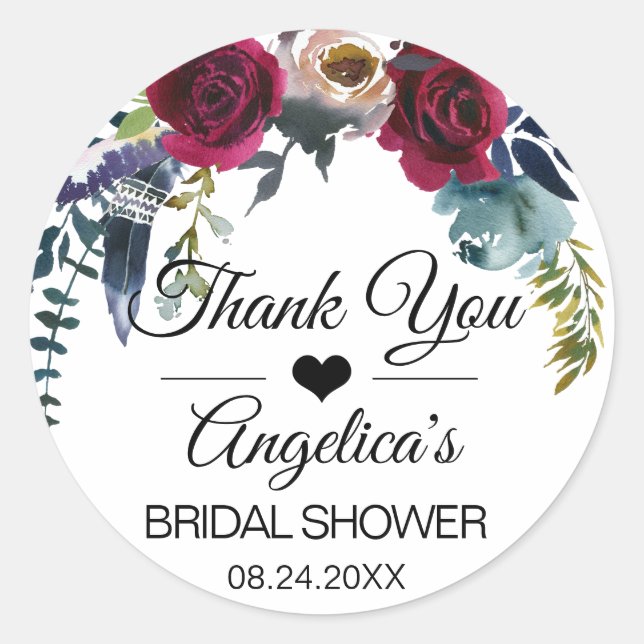 Thank you Floral Burgundy Wedding Bridal Classic Round Sticker (Front)