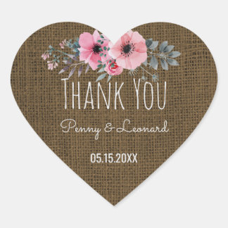 Thank You Floral Burlap Rustic Wedding Favour Heart Sticker