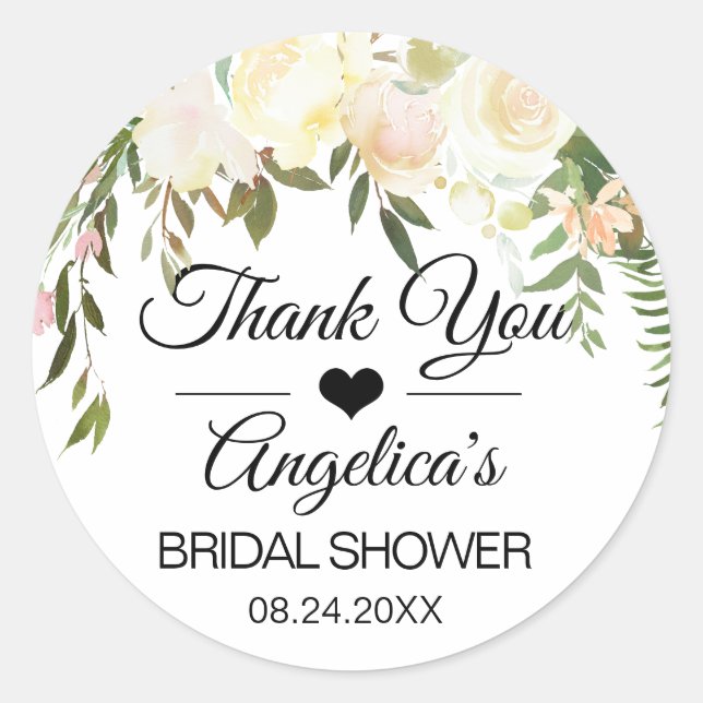 Thank you Floral Pink Ivory Wedding Bridal Classic Round Sticker (Front)