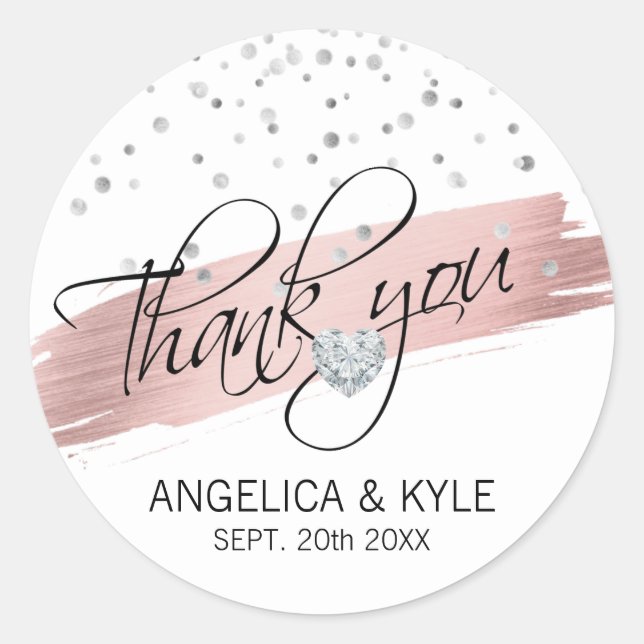 Thank you Floral Rose Gold Heart Wedding Bridal Classic Round Sticker (Front)