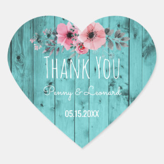 Thank You Floral | Rustic Wood Teal Wedding Favour Heart Sticker