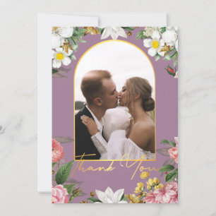 thank you floral wedding photo gold arch purple card