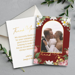 thank you floral wedding photo gold arch red card