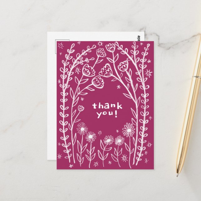 THANK YOU Floral Whimsical Sketch Doodle  Postcard (Front/Back In Situ)