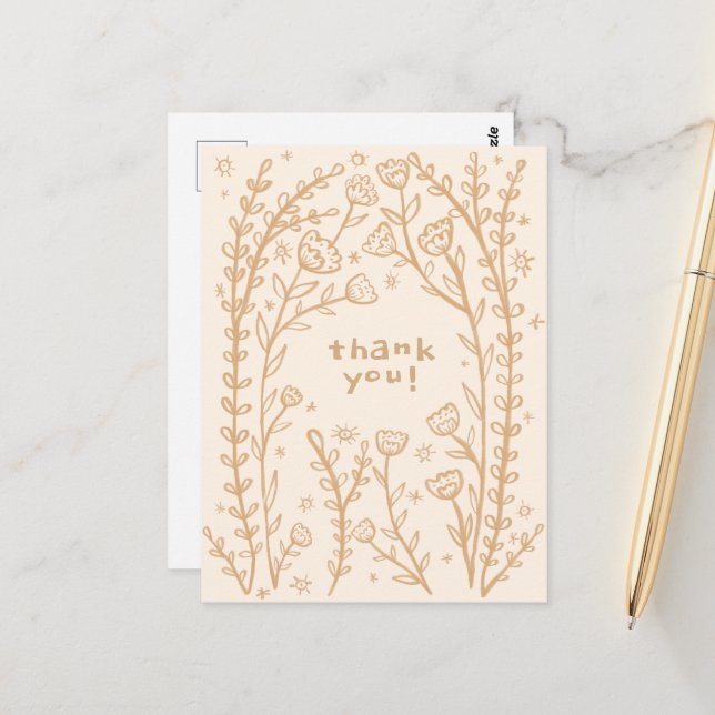 THANK YOU Floral Whimsical Sketch Doodle  Postcard (Front/Back In Situ)