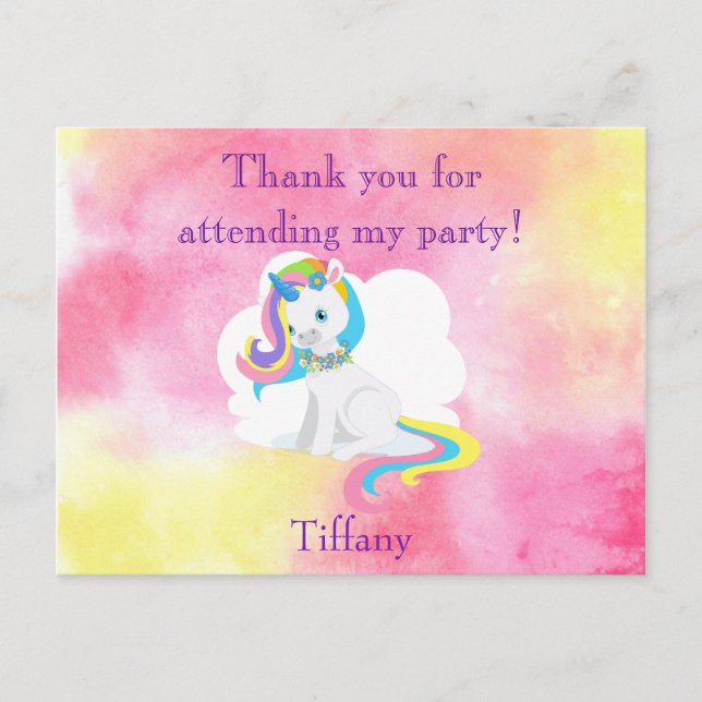 Thank you for attending my party girly unicorn postcard (Front)