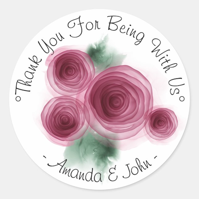 Thank You For Being With Us Name Pink Roses Classic Round Sticker (Front)