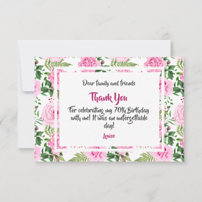 Thank You For Celebrating 70th Birthday Pink Roses Card (Front)
