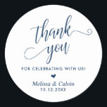 Thank you for celebrating, Navy Blue, Wedding Classic Round Sticker<br><div class="desc">Thank you for celebrating,  Navy Blue,  Wedding Classic Round Sticker</div>