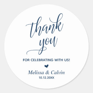 Thank you for celebrating, Navy Blue, Wedding Classic Round Sticker