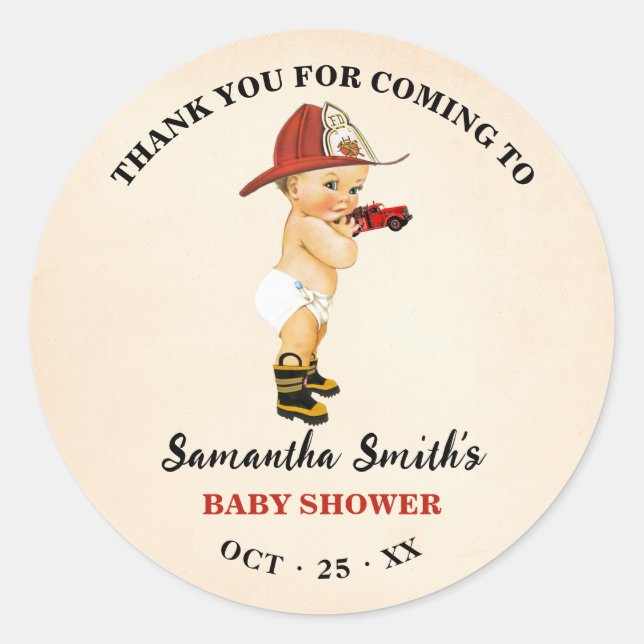 Thank You for Coming Baby Firefighter Baby Shower Classic Round Sticker (Front)